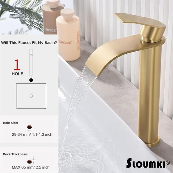 Brushed Gold Vessel Sink Faucet, Bathroom Sink Faucet, High Waterfall Faucet - Picture 5 of 7